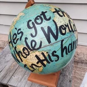 Upcycled vtg world Globe inspirational handpainted pastor travelor